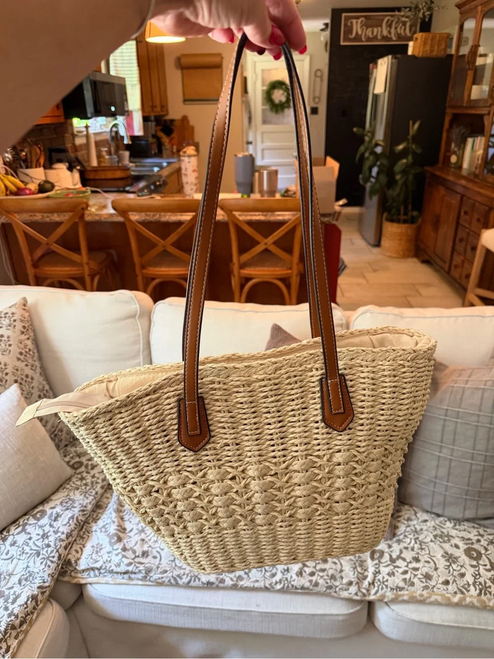 Woven Straw Tote Bag with Brown Leather Handles - Picture 2 of 4